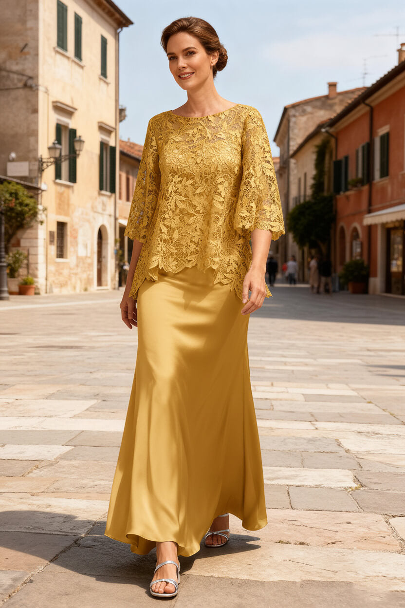 Dreamyannie Dusty Sage Satin Bateau Neck Ankle Length Mother Of The Bride Dress With Sleeves