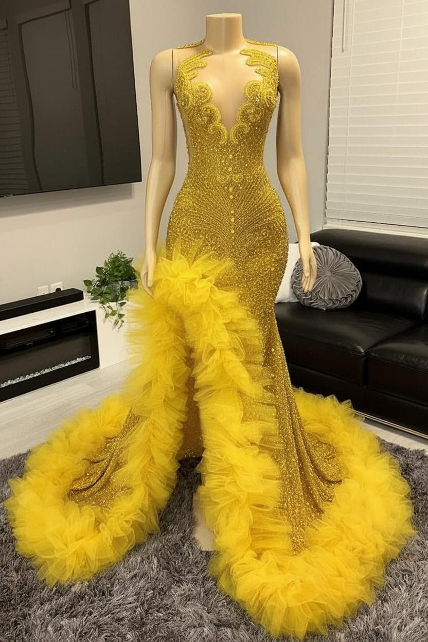 Mermaid Beaded Prom Dress Tulle Ruffles Sequined Formal Dress