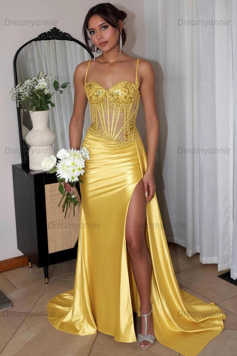Corset Sequined Prom Dress Satin Appliqued Long Evening Dress With Slit