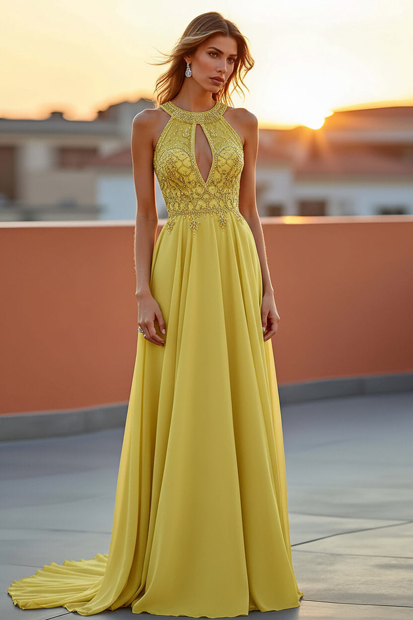 Dreamyannie Beaded Navy Wedding Guest Dress Halter Long Formal Dress With Embroideries