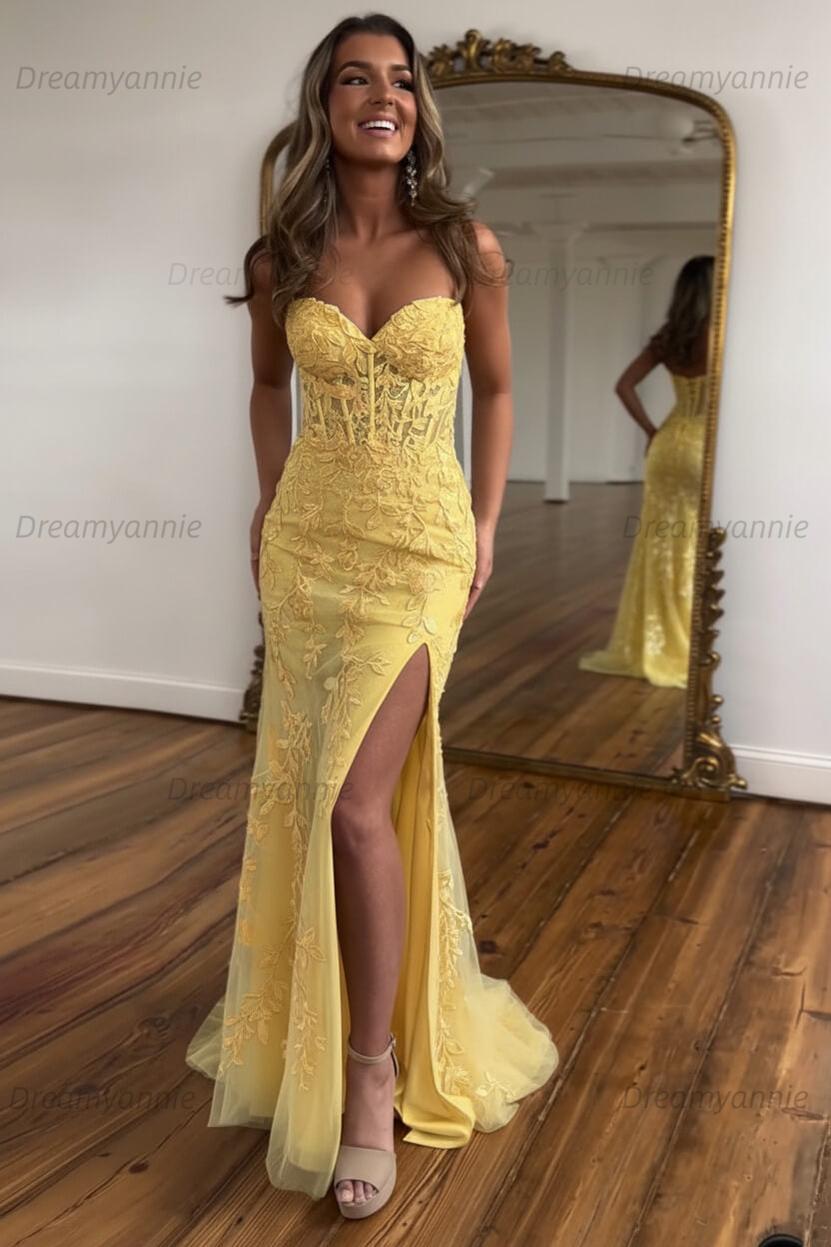 Light Blue Prom Dress Mermaid Sweetheart Corset Long Laced Evening Dress with Slit