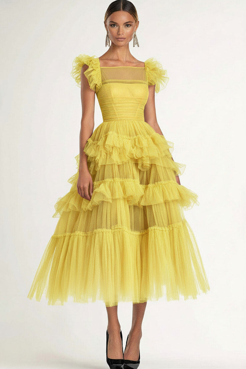 Dreamyannie Tea Length Black Wedding Guest Dress A-Line Flatter Sleeves Tulle Formal Dress With Ruffles
