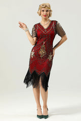 Red Fringe 1920s Short Sleeve V-Neck Flapper Dress