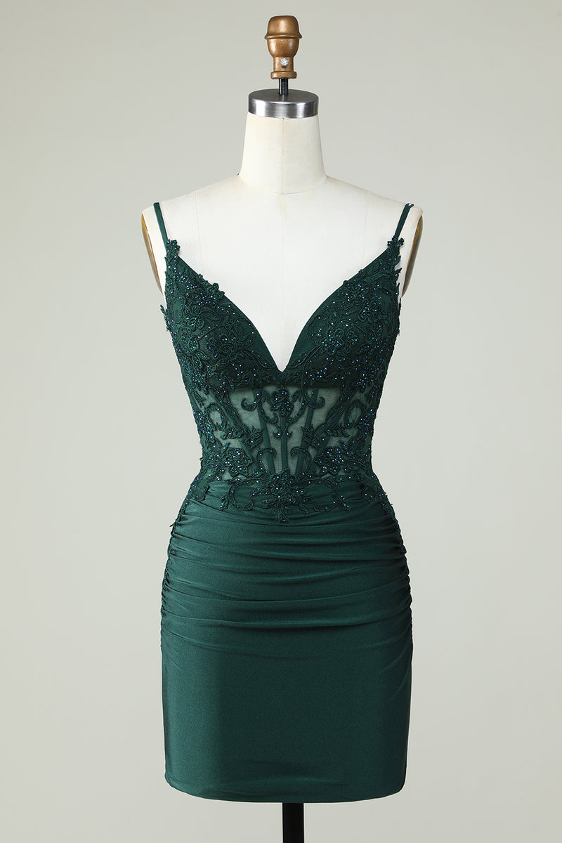 Spaghetti Straps Dark Green Corset Tight Short Homecoming Dress with Beading