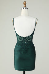 Spaghetti Straps Dark Green Corset Tight Short Homecoming Dress with Beading