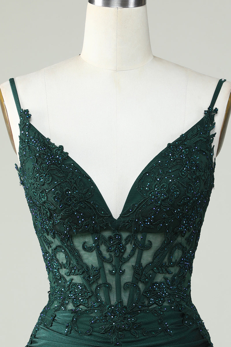 Spaghetti Straps Dark Green Corset Tight Short Homecoming Dress with Beading