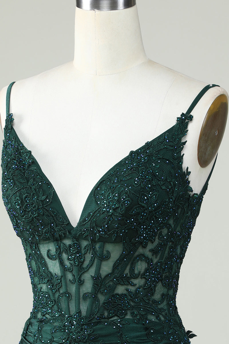 Spaghetti Straps Dark Green Corset Tight Short Homecoming Dress with Beading