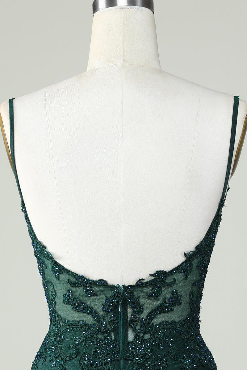 Spaghetti Straps Dark Green Corset Tight Short Homecoming Dress with Beading