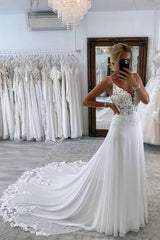 White Spaghetti Straps Wedding Dress Chiffon Lace Bridal Dress with Sweep Train