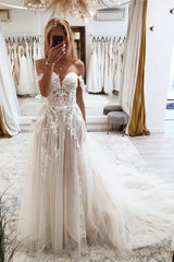 White Off the Shoulder Wedding Dress Tulle Lace A-Line Bridal Dress with Sweep Train