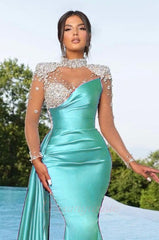 High-Neck Long Sleeve Formal Dresses Beaded Mermaid Satin Evening Dresses