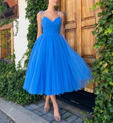 A-Line Spaghetti Straps Tea Length Prom Dress Blue Homecoming Dress WD267