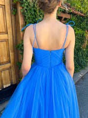 A-Line Spaghetti Straps Tea Length Prom Dress Blue Homecoming Dress WD267