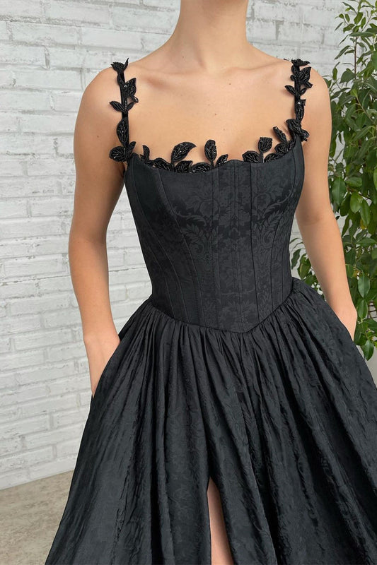 A Line Strapless Applique Off The Shoulder Floor Length High Split Prom Dress