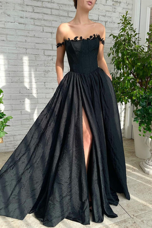 A Line Strapless Applique Off The Shoulder Floor Length High Split Prom Dress