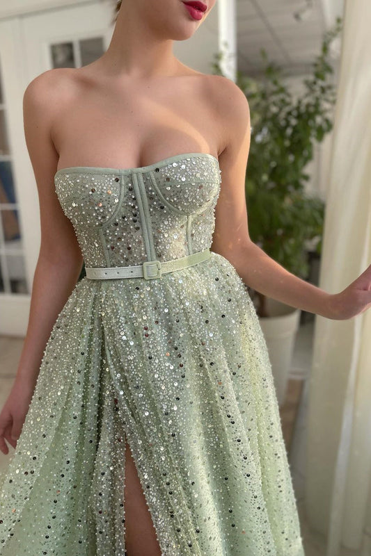 A Line Strapless Sweetheart Sequined High Split Floor Length Sleeveless Open Back Prom Dress