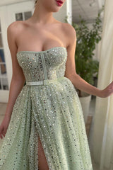 A Line Strapless Sweetheart Sequined High Split Floor Length Sleeveless Open Back Prom Dress