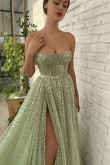 A Line Strapless Sweetheart Sequined High Split Floor Length Sleeveless Open Back Prom Dress