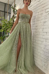 A Line Strapless Sweetheart Sequined High Split Floor Length Sleeveless Open Back Prom Dress