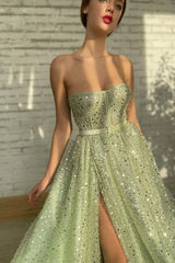 A Line Strapless Sweetheart Sequined High Split Floor Length Sleeveless Open Back Prom Dress