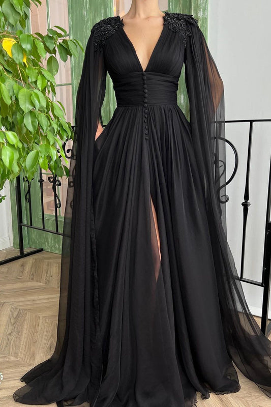 A Line V Neck Tulle Floor Length Long Sleeve Split Front Appliques Lace Vintage Prom Dress