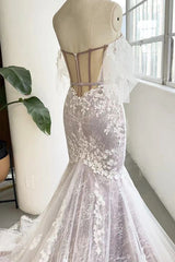 Unique Gray Purple Sweetheart Corset Mermaid Wedding Dress with Appliques