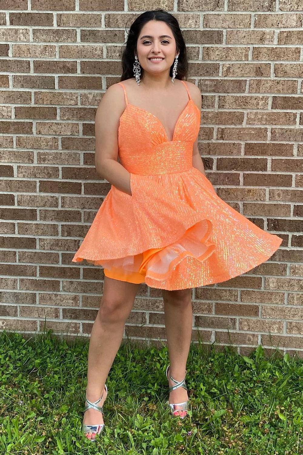 Sparkly Orange Sequins A-Line Short Homecoming Dress with Pockets