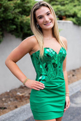 Sparkly Green Corset Sweetheart Tight Short Mirror Homecoming Dress