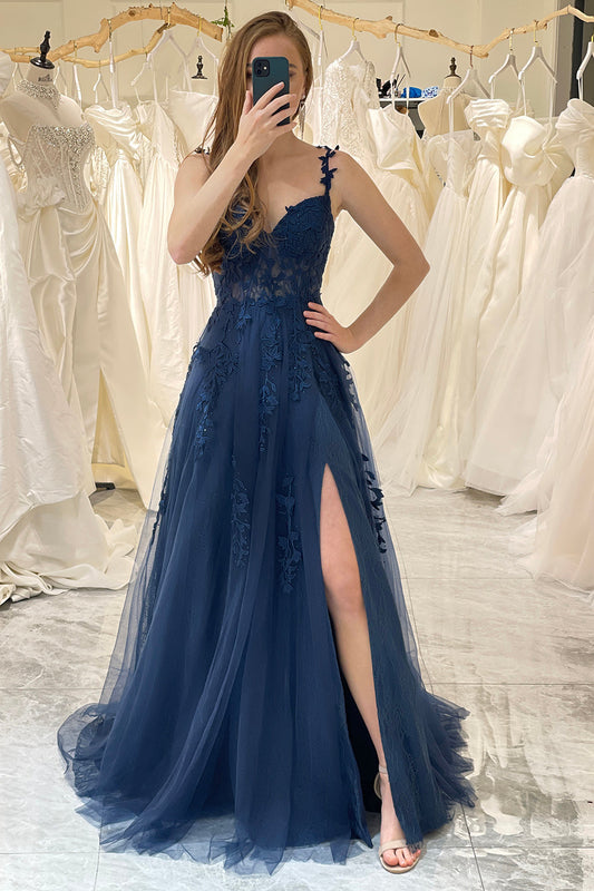 A Line Spaghetti Straps Navy Prom Dress with Appliques