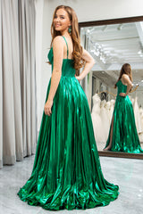 Glitter Dark Green A Line Spaghetti Straps Long Corset Prom Dress With Slit