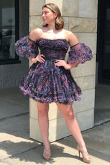 Fuchsia Corset Puff Sleeves A-Line Short Homecoming Dress with Ruffles