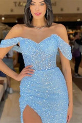 Vintage Sky Blue Sweetheart Straps Sequins Slit Mermaid Evening Dress Tulle with Detachable Ruffles