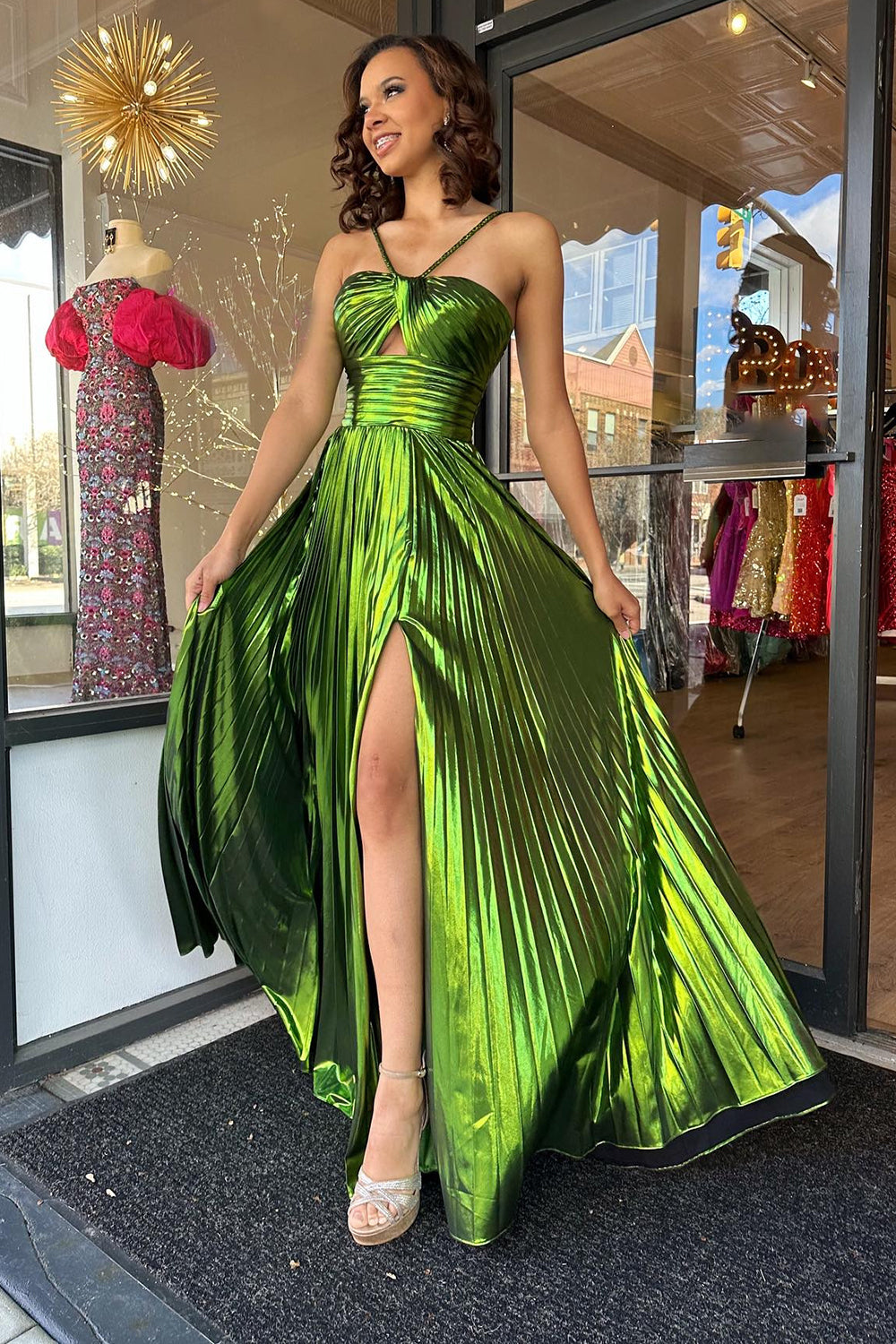 Glitter Green A Line Backless Long Prom Dress With Slit