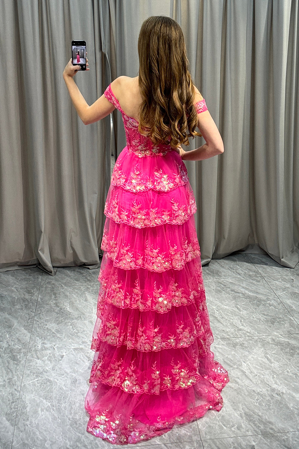 Glitter Fuchsia A Line Long Tiered Corset Prom Dress With Lace