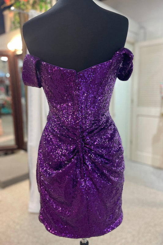 Sparkly Grape Detachable Off the Shoulder Sequins Tight Homecoming Dress