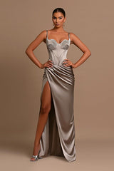 Grey Ball Gown Evening Dress with Slit Pleated Spaghetti Straps