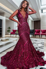 Red Sparkly Deep V Neck Sequin Mermaid Prom Dress