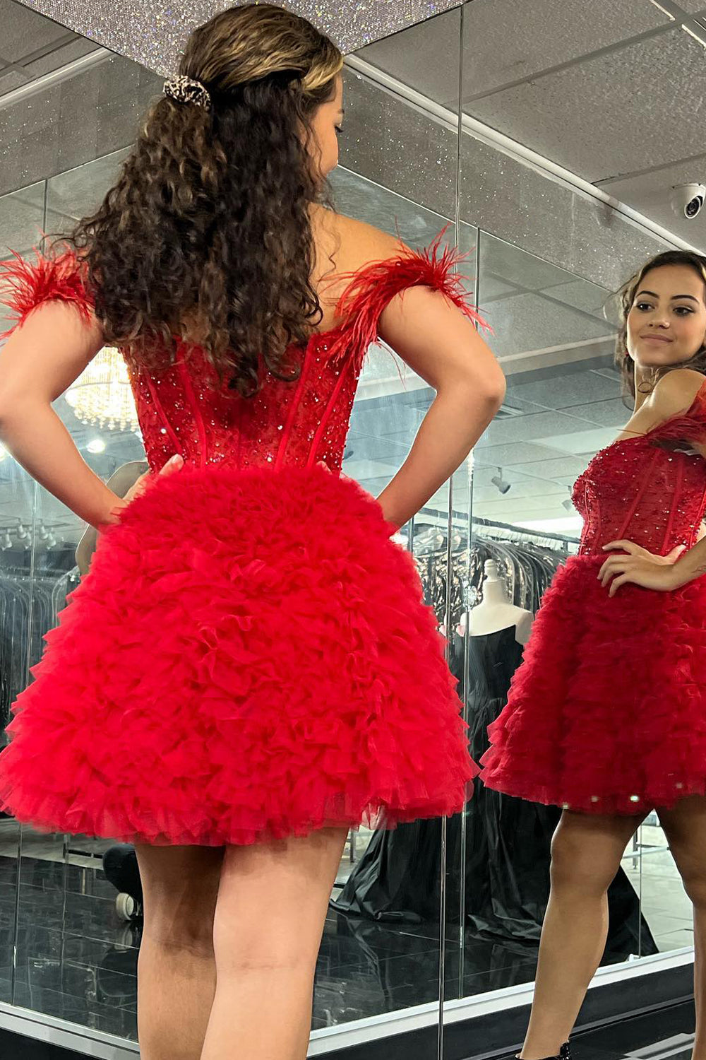 Sparkly Red Corset A-Line Short Homecoming Dress with Ruffles