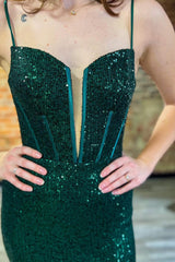 Sparkly Dark Green Corset Sequins Long Mermaid Prom Dress