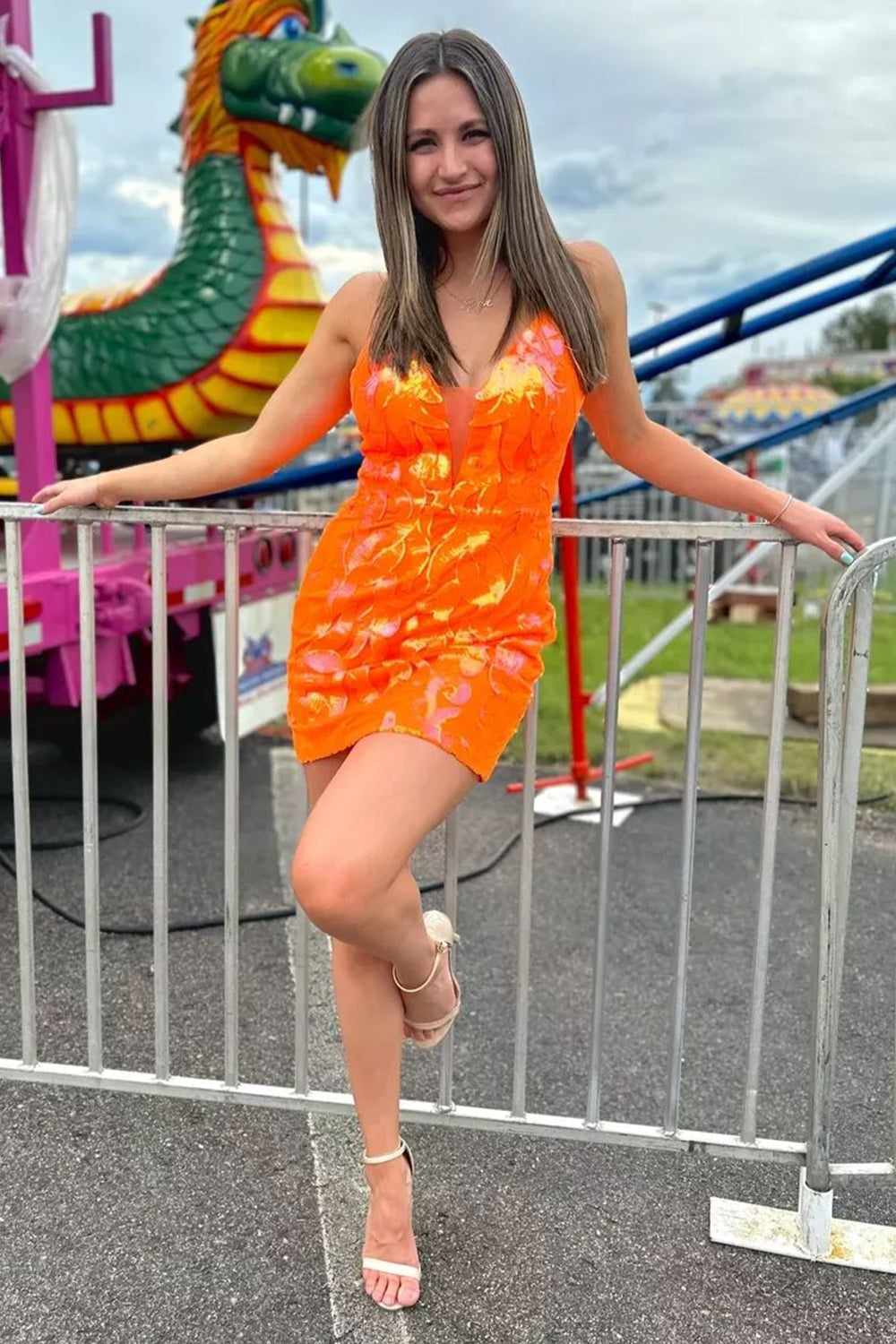 Sparkly Orange Sequins Lace-Up Back Tight Short Homecoming Dress