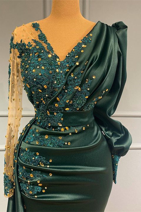 Dark Green V-Neck Long Sleeve Evening Dress with Beading and Lace Appliques