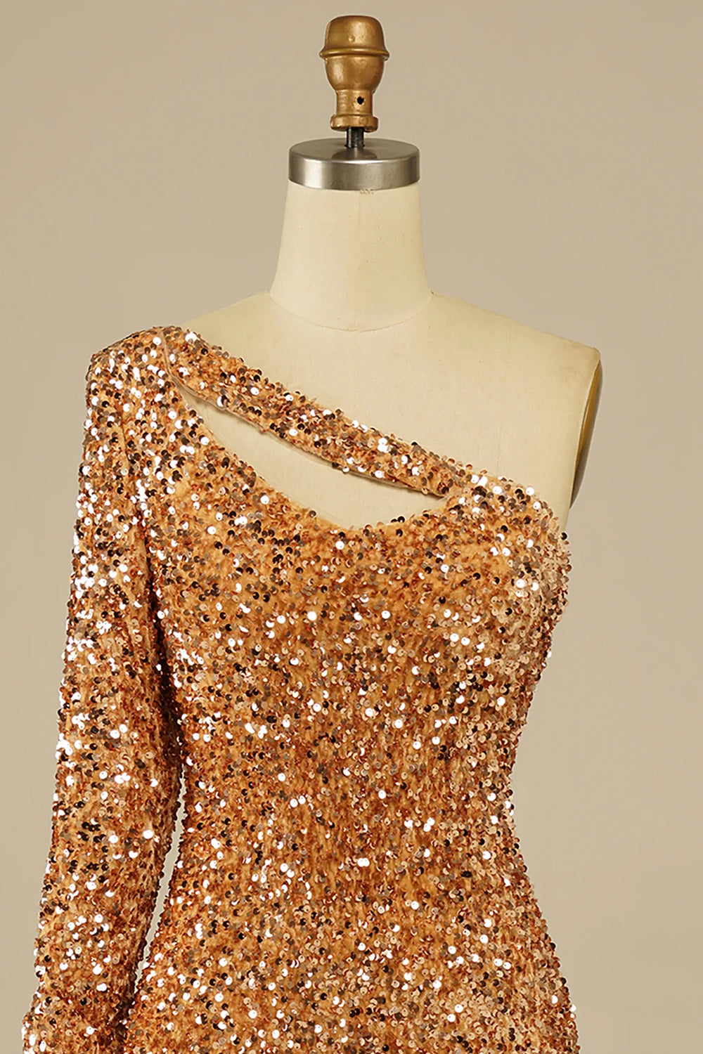 Golden Cut Out Open Back One Shoulder Sequins Homecoming Dress