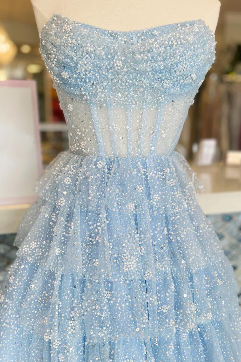 Light Blue Corset Strapless A-Line Tiered Short Homecoming Dress