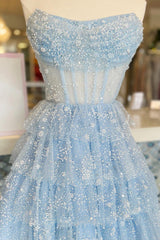 Light Blue Corset Strapless A-Line Tiered Short Homecoming Dress