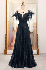 Glitter Black A Line Long Prom Dress With Feather