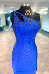 Glitter Royal Blue One Shoulder Sequins Tight Short Homecoming Dress