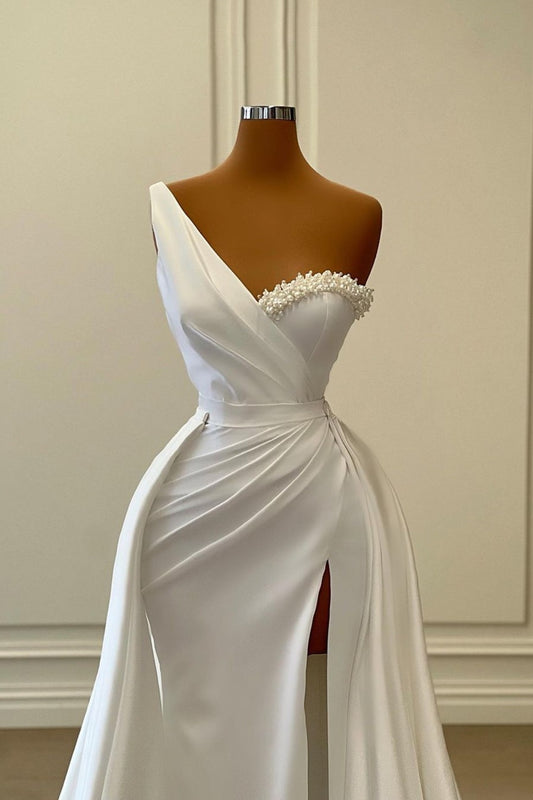 One-Shoulder Charmeuse White Wedding Dress with Beading 