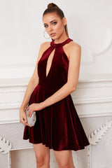 Burgundy Halter Keyhole Mini Velvet Dress