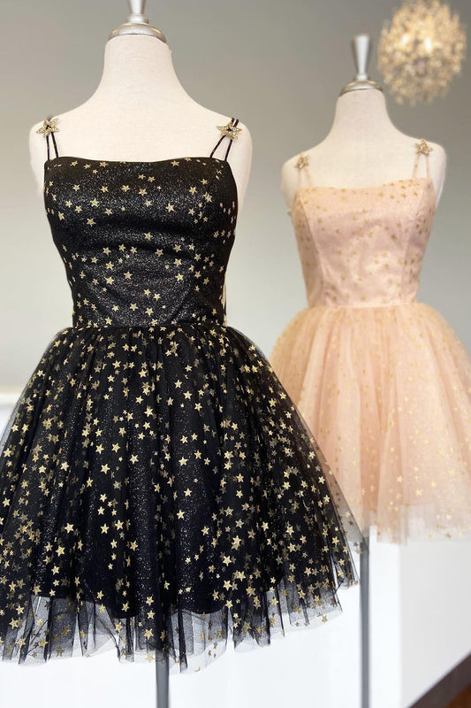 Sparkly Black Sequins Stars A-Line Short Homecoming Dress