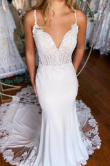 Bohemian White Mermaid Spaghetti Straps Wedding Dress with Lace Embellishments